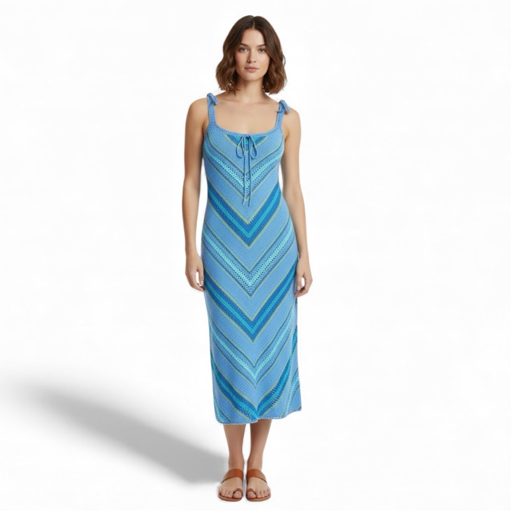 Ralph Lauren Dress Hand Knit Maxi Green Blue Boho Preppy Festival Y2K Granola